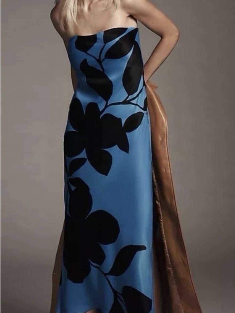 Anthropologie Blue Strapless Satin Gown with Black Floral Motif